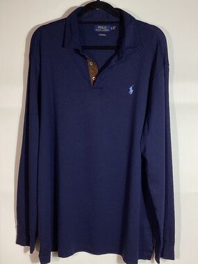 Polo Ralph Lauren Mens Long Sleeve Navy Blue‎ Cotton Polo Shirt XL TG